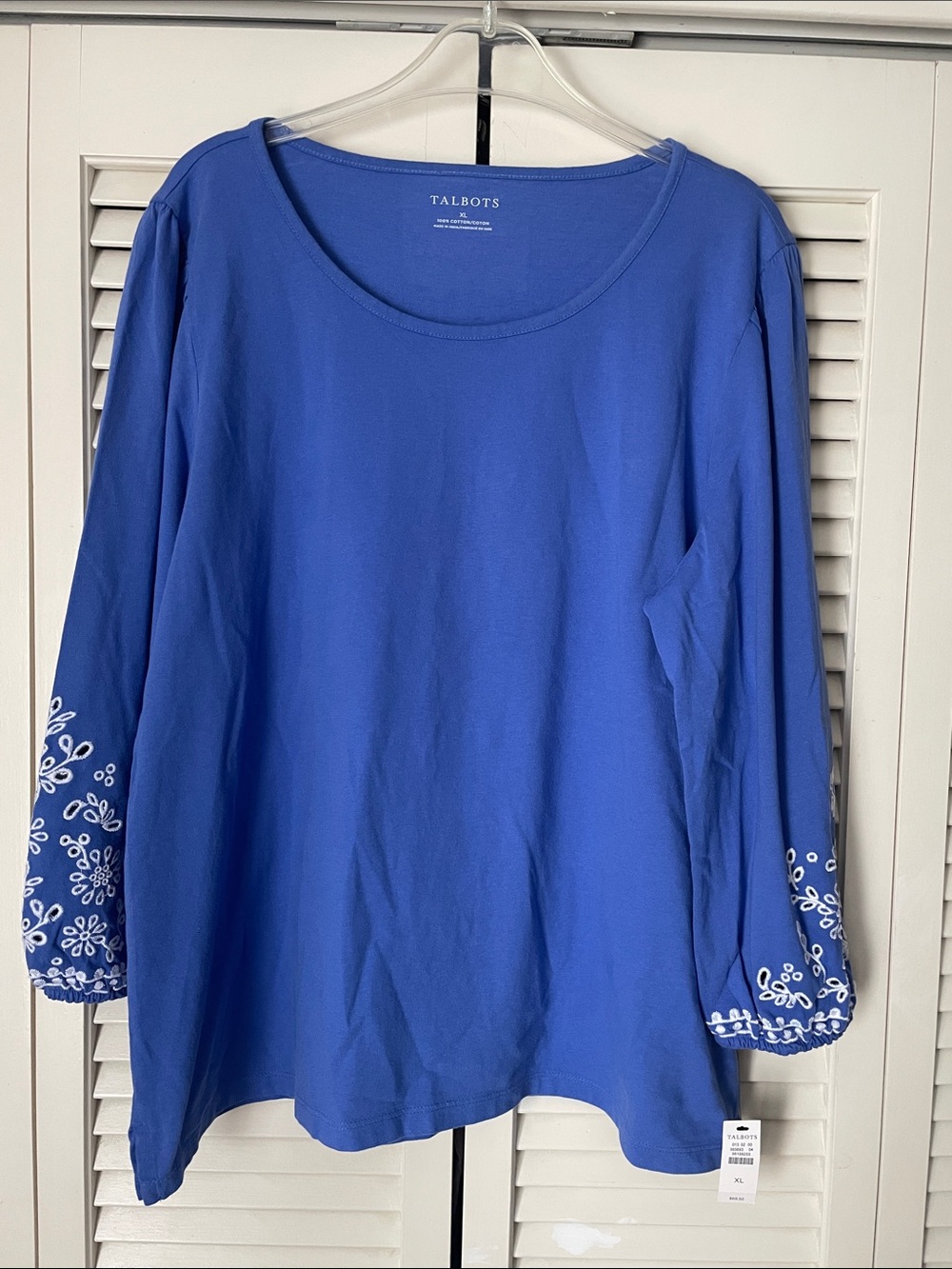 NWT Talbots 3/4 Sleeve Scoop Neck Top White Sleeve Embroidery Blue Sz XL